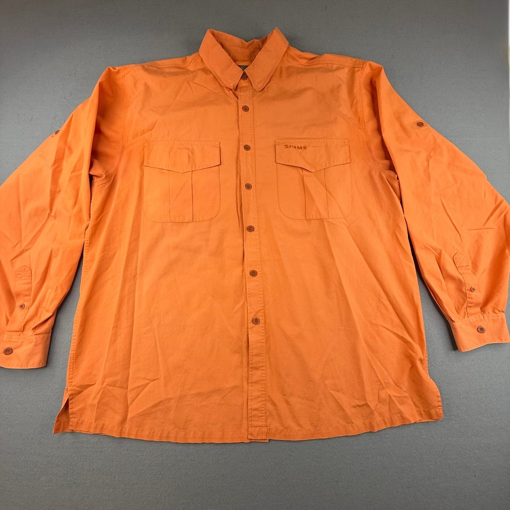 Simms Fishing Shirt Mens XXL Orange Long Sleeve Button Up Vented Outdoor